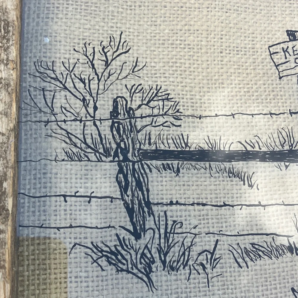 Rustic Framed Shadowbox Sketch‎ Art Windmill Fence Post Keep Out Sign  10x13x2